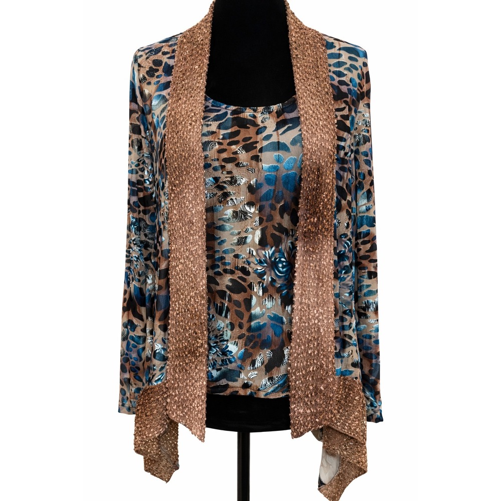 Alberto Makali Womens Cardigan Tank Top Set Size XS Ivory Teal Animal Print Knit